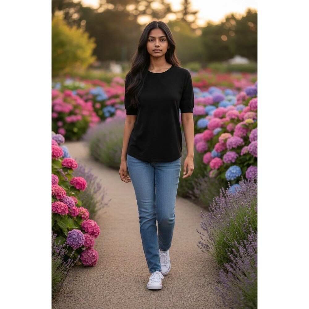 Susan Graver Stretch Top Black Liquid Knit Square Neck Shirt Small NWT